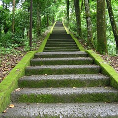 Mossy Stone Steps Leading Through Lush Green Forest