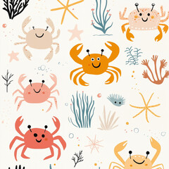 Obraz premium fun summer pattern illustration featuring happy crabs with algae, coral,summer-themed products, beach accessories, apparel design, kids' clothing, beach towels, home decor, greeting cards, party decor