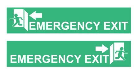 Green emergency exit stickers featuring white icons and clear directional arrows pointing left and right. Ideal for marking safe escape routes in buildings during emergencies