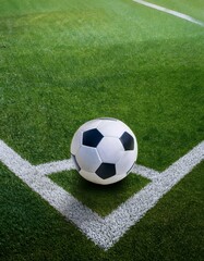 Classic Football Placed on the Corner Line of a Green Field

