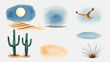 Desert Night Scene Cacti Owl Moon Stars Watercolor