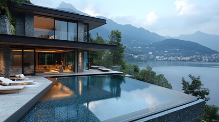Fototapeta premium Modern glass house with a scenic view of the mountains