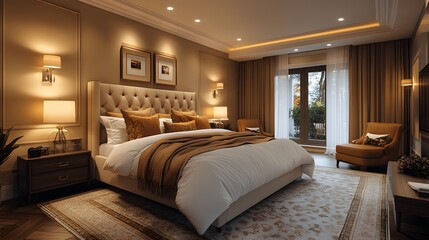 Luxury master bedroom with elegant decor and warm lighting