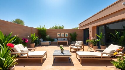 Sunlit Patio Garden with Modern Lounge Furniture – Tranquil Home Design Scene