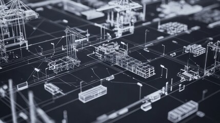 Abstract 3D Model of a Cargo Port at Night Showing Complex Network of Shipping Containers and Transportation