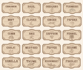 Set of spice jar labels with herbs sketches, paprika, cloves, sage, mint, anis, saffron, fennel. Packaging and labeling template. Organic, natural flavor kitchen stickers. Vintage vector illustrations