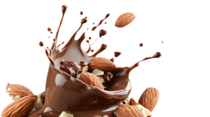 A chocolate drink with nuts in it is splashing out of a cup