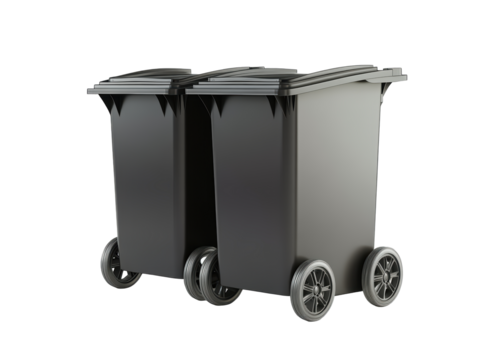 Isolated Pair of Black Plastic Wheeled Trash Cans with Secure Lids