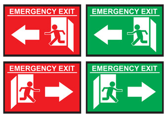 Emergency exit stickers in bright red and green with bold running figure icons and directional arrows. Designed to provide clear evacuation guidance, perfect for safety signage in buildings