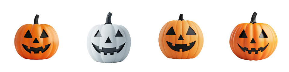 An arrangement of four carved pumpkins or jack o lanterns in traditional Halloween styles and colors including orange and white designs with carved faces expressing different moods and expressions