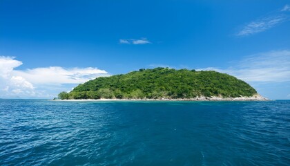 Tropical Seascape with Green Island and Clear Blue Sky
