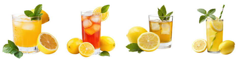 Variety of chilled colorful citrus based cocktails mocktails and non alcoholic drinks with fresh lemon orange and mint garnishes