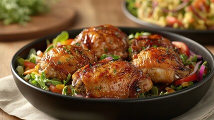 Savory chicken thighs and a crunchy salad are beautifully arranged on a table, offering a visually appealing and appetizing meal.