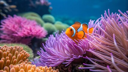 Clownfish swimming among coral anemones in a vibrant underwater aquarium