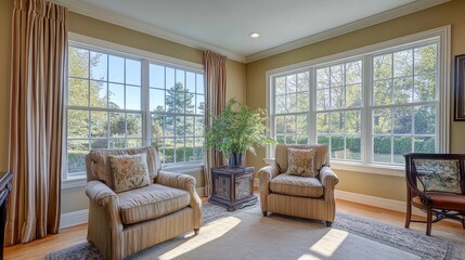 Sunlit Room with Expansive Windows and Comfortable Seating