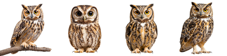 Fototapeta premium A collection of four owls of different varieties perched on tree branches in a natural outdoor environment showcasing their distinctive features and plumage