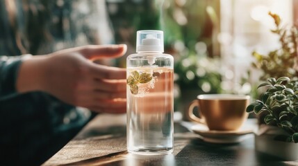 A Glass Bottle of Infused Water Surrounded by Lush Greenery and a Cup of Coffee on a Wooden Table in a Warmly Lit Cafe Setting