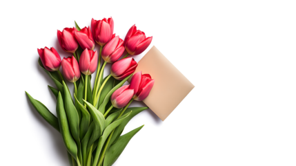 A bouquet of red tulips with a white card that says "I love you". Concept of love and affection, as the red tulips are a symbol of love and passion. The white card adds a personal touch