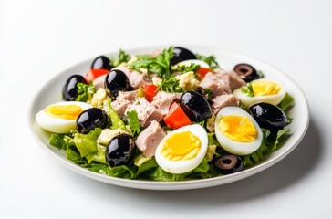 Tuna salad plate with olives, eggs, and tomatoes on white background