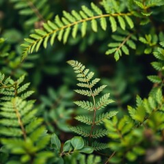 Fototapeta premium A delicate fern frond amidst a tapestry of greens, botanical, foliage