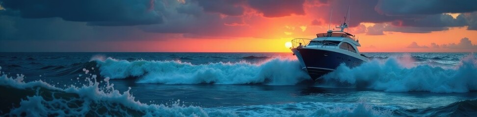 Naklejka premium Boats ride turbulent waves as storm rages on at dusk, waves, storm, turbulent waves