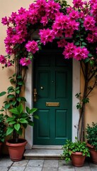 Fototapeta premium Bougainvillea vine covered in blooming flowers, plant life, garden features, nature