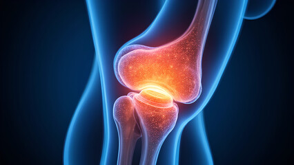A digital illustration of a human knee joint highlighting inflammation, depicted with glowing effects to emphasize the affected area.
