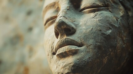 Close Up Weathered Stone Buddha Statue Peaceful Serene Expression