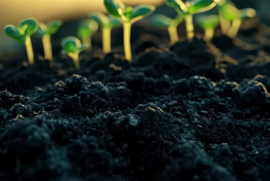 Newly sprouted plants emerge from rich soil in a warm, vibrant setting during early morning light