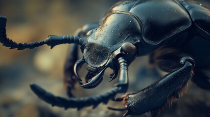 Closeup of a Black Beetle on the Ground