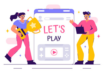 Vector Illustration of a Professional Cute Gamer Streaming Online While Playing Video Games on a Live Platform in a Stylish Background