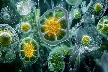 Obraz premium Microscopic life forms and cell structures, a biological representation