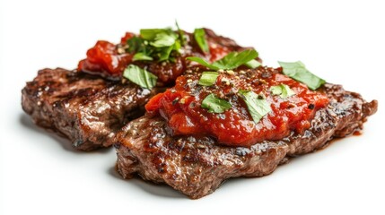 Steak meat with tomato sauce, chili seasoning, and garnish, isolated on a white background.
