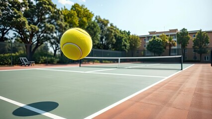 Tennis Ball in Flight over Outdoor Court Green Surface Summer Day