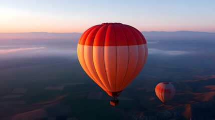 Obraz premium Red and White Hot Air Balloons Soaring Over a Colorful Canyon at Sunrise