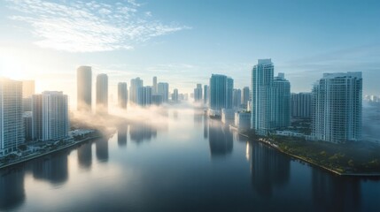 Fototapeta premium Skyscrapers rise majestically above the tranquil water surface with light fog