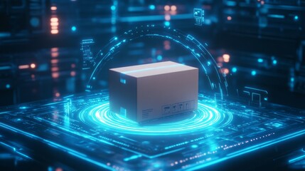Cyberpunk Style Cardboard Box on Glowing Blue Platform