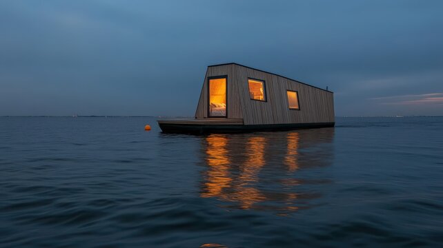 Illuminated Floating House on Calm Water at Dusk