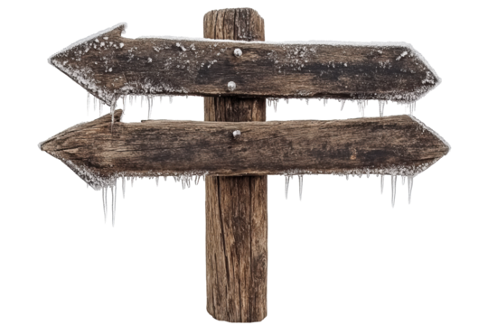 Isolated Aged Wooden Signpost Covered in Melting Icicles