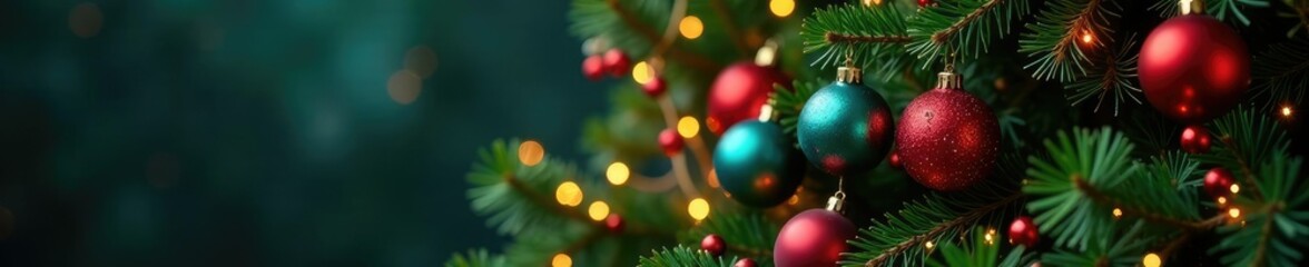 Obraz premium Fir tree decorated with colorful balls and garlands, decoration, festive