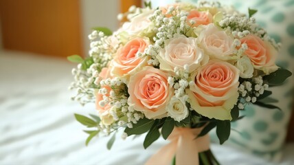 Obraz premium Peach and White Rose Bridal Bouquet on a Bed