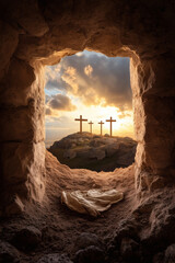 Obraz premium Empty tomb, three crosses on a hill at sunset