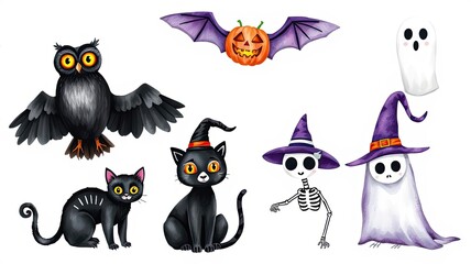 Naklejka premium Cute Halloween Clipart Owls Cats Skeletons Ghosts Bats Pumpkins