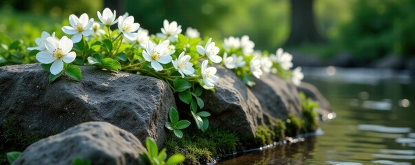 lush white blossoms clinging to weathered stone, weathered wood, boulder