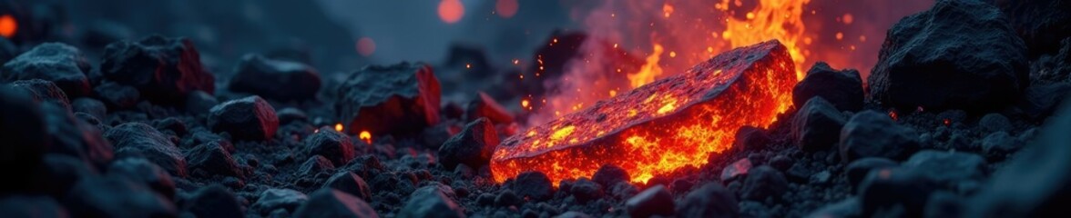Red hot coals crackling with intense heat in a volcanic landscape, burning, hot, volcano