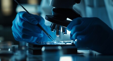 Scientist adjusting microscope, examining sample in lab