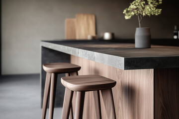 Kitchen Counter with Wooden Stools and Accessories