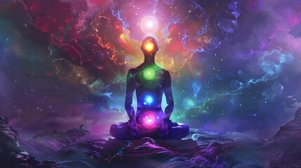 Meditating figure with glowing chakras in mystical landscape