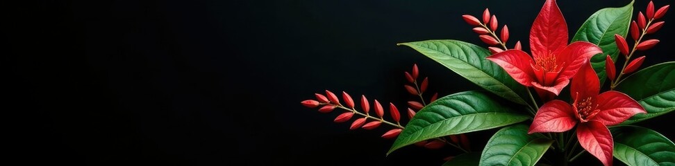 Red tillandsia leaves and flowers on a black background with mist, nature, epiphytes, leaves