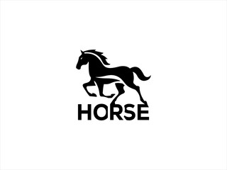 Dynamic black silhouette of a running horse logo.